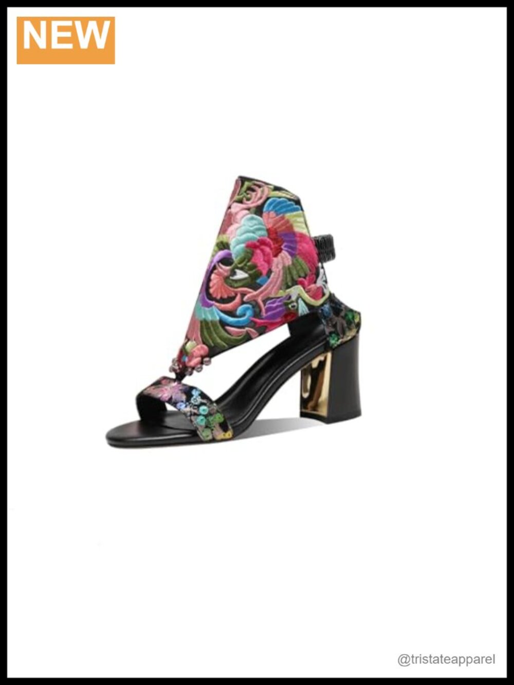 Handmade Embroidery Genuine Leather Open Toe Block Heel Sandals